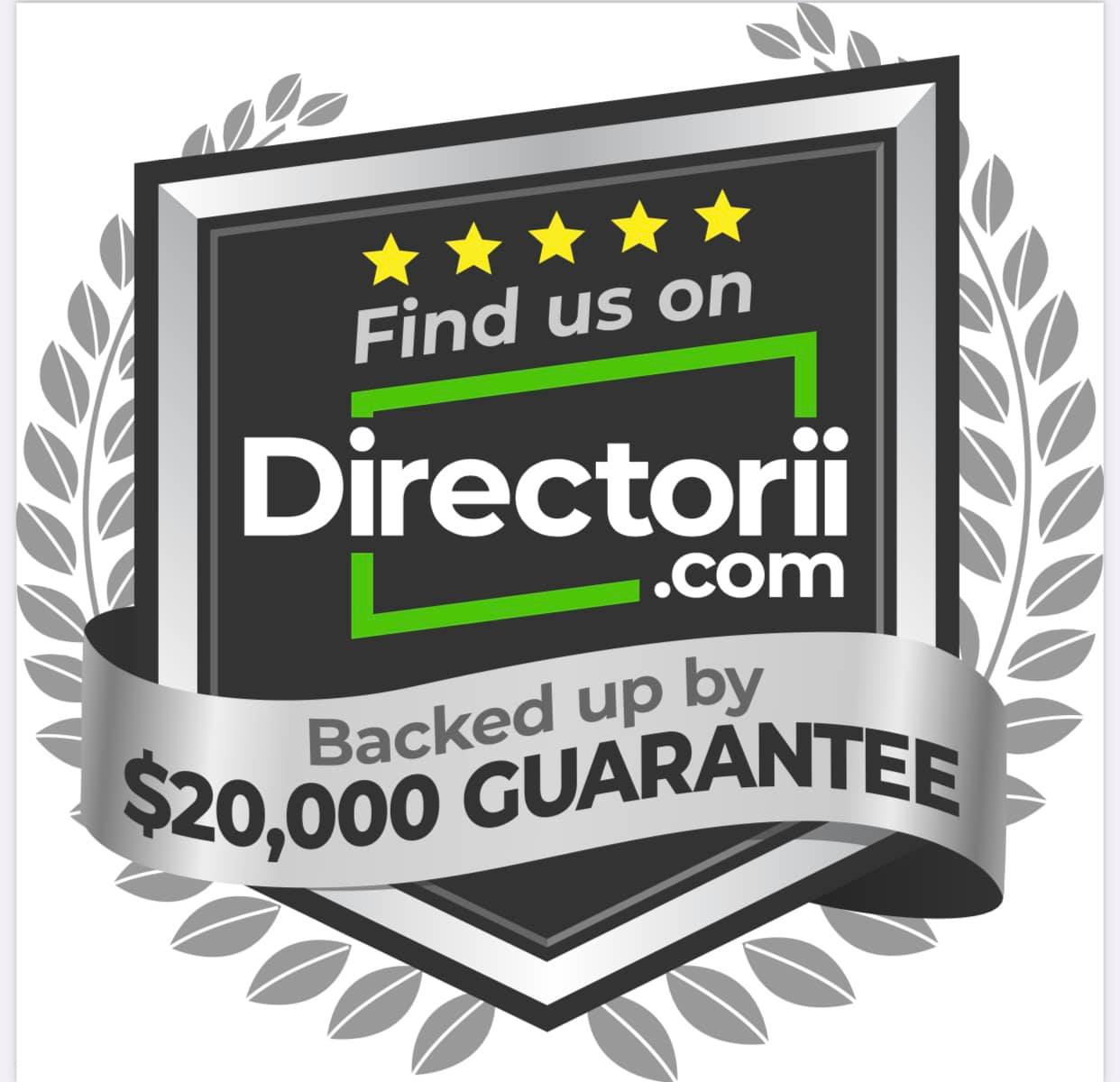Badge indicating 'Find us on Directorii.com - Backed up by $20,000 Guarantee.'